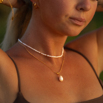 White Beaded Choker with Gold-Tone Accents