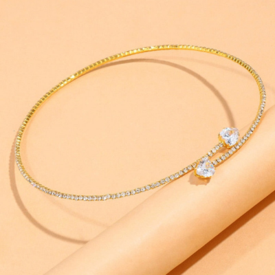 Slim Gold-Tone Choker with Pave Detailing and Dual Clear Stones