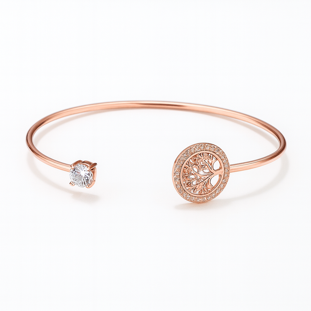 Rose gold bracelet with a diamond and intricate design on a white background