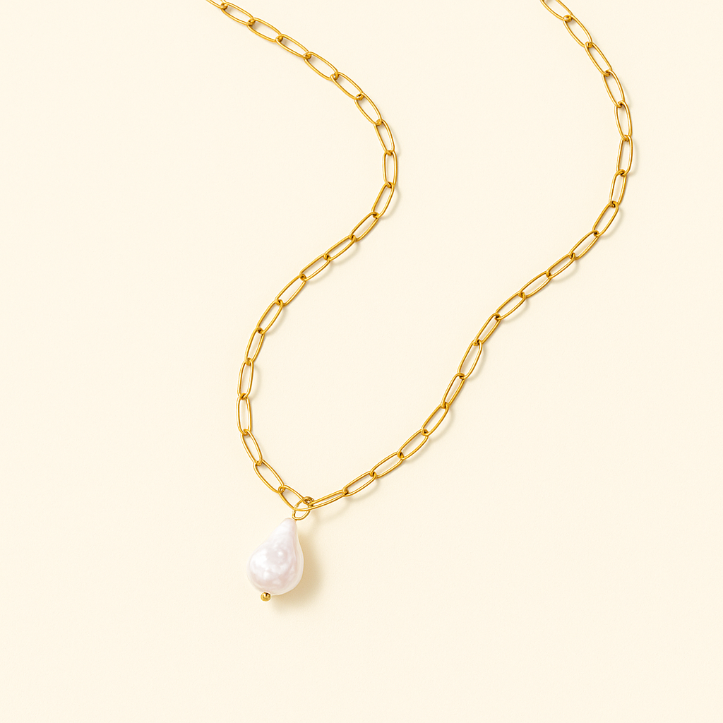 Gold Chain Necklace with Teardrop Pearl Pendant
