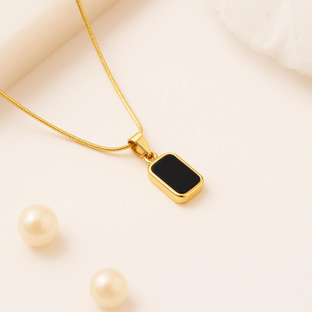 Gold-Tone Necklace with Rectangular Black Pendant