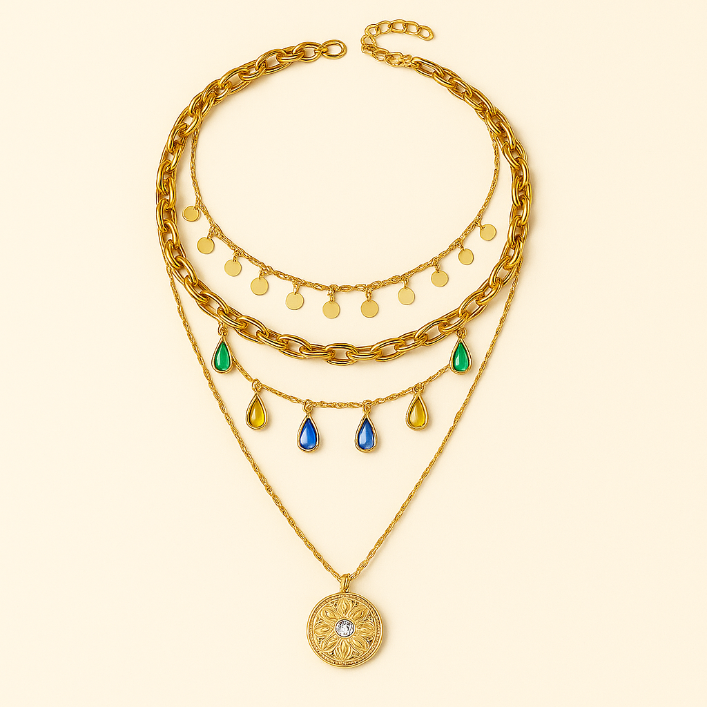 Multi-Layered Gold-Tone Necklace with Colorful Drop Charms