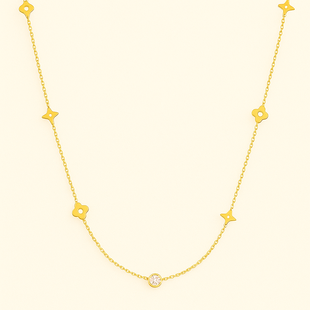 Gold-Tone Necklace with Polished Floral Motifs and Center Crystal Accent