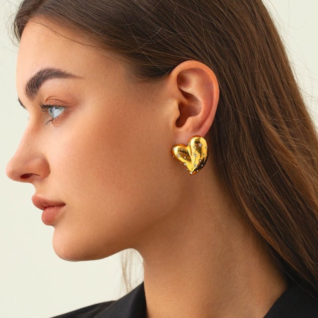 Gold Plated Heart Stud Earrings with Crystals – Sparkling Statement Earrings for Women