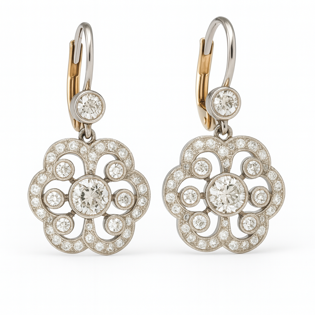 Elegant Vintage-Style Crystal Flower Drop Earrings – Silver & Gold Finish