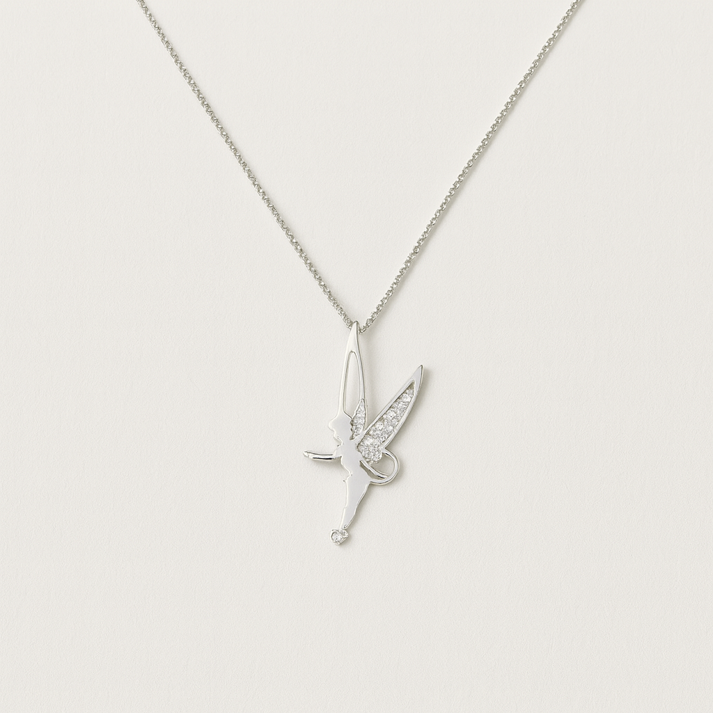 Silver fairy pendant necklace with sparkling crystals, delicate chain, elegant jewelry, perfect for gifts, fashion accessory, minimalist design.