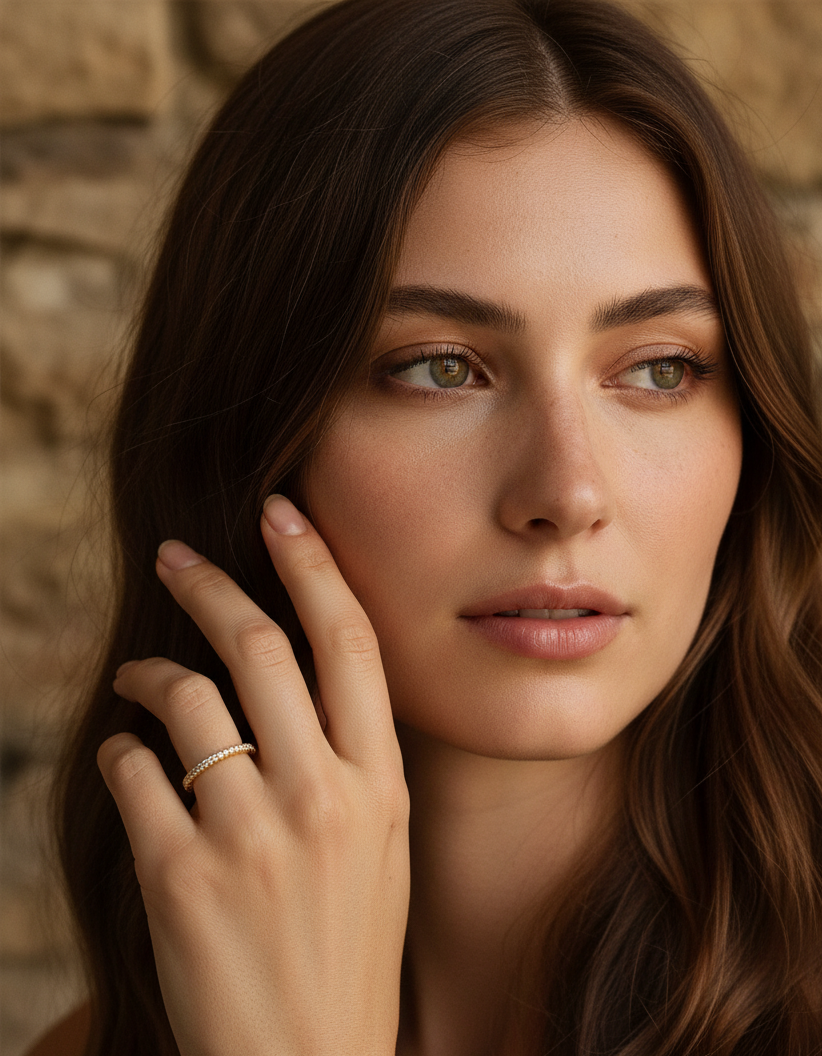 Woman with long brown hair wearing a gold ring, touching her face, against a stone wall background. Elegant jewelry, natural beauty, fashion portrait.