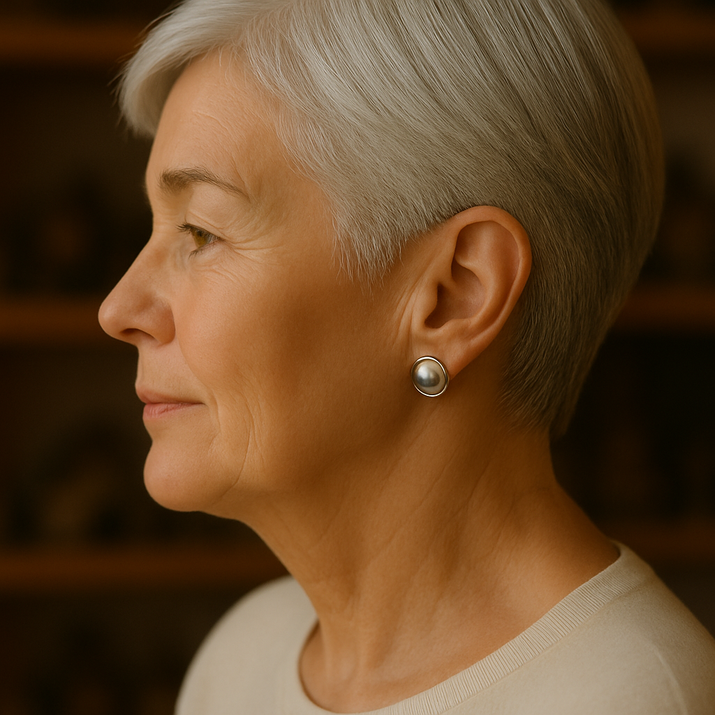 Elderly woman with short gray hair wearing pearl earrings, side profile. Senior fashion, elegant jewelry, mature style.