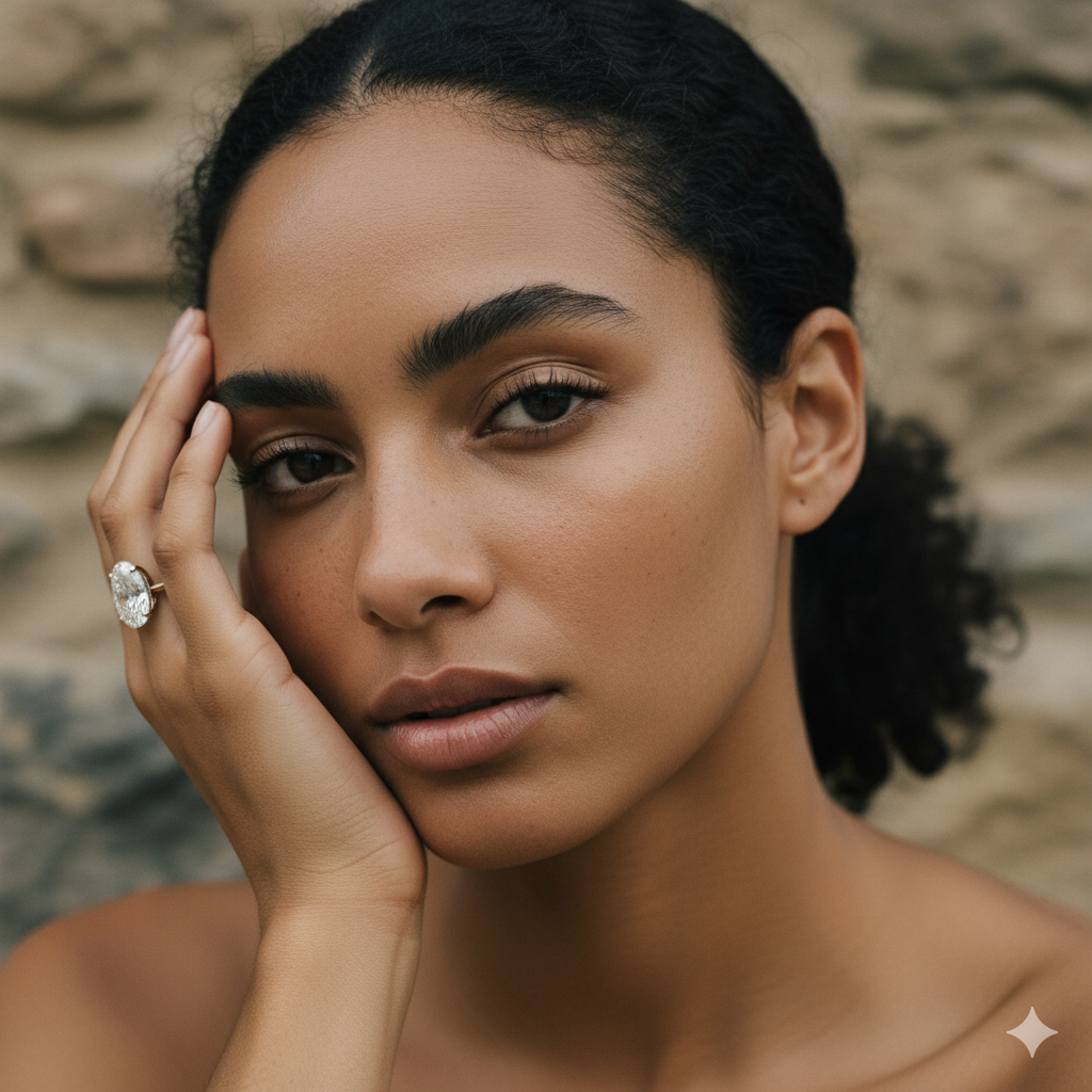 A woman with curly hair and natural makeup poses with a large diamond ring on her hand against a stone wall backdrop. Elegant jewelry, beauty portrait.
