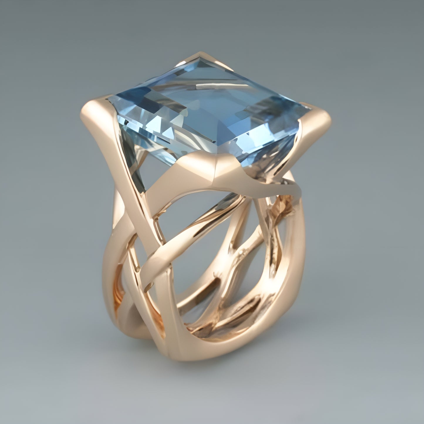 Elegant gold ring with a large square-cut blue gemstone, featuring an intricate twisted band design. Luxurious jewelry, perfect for special occasions.