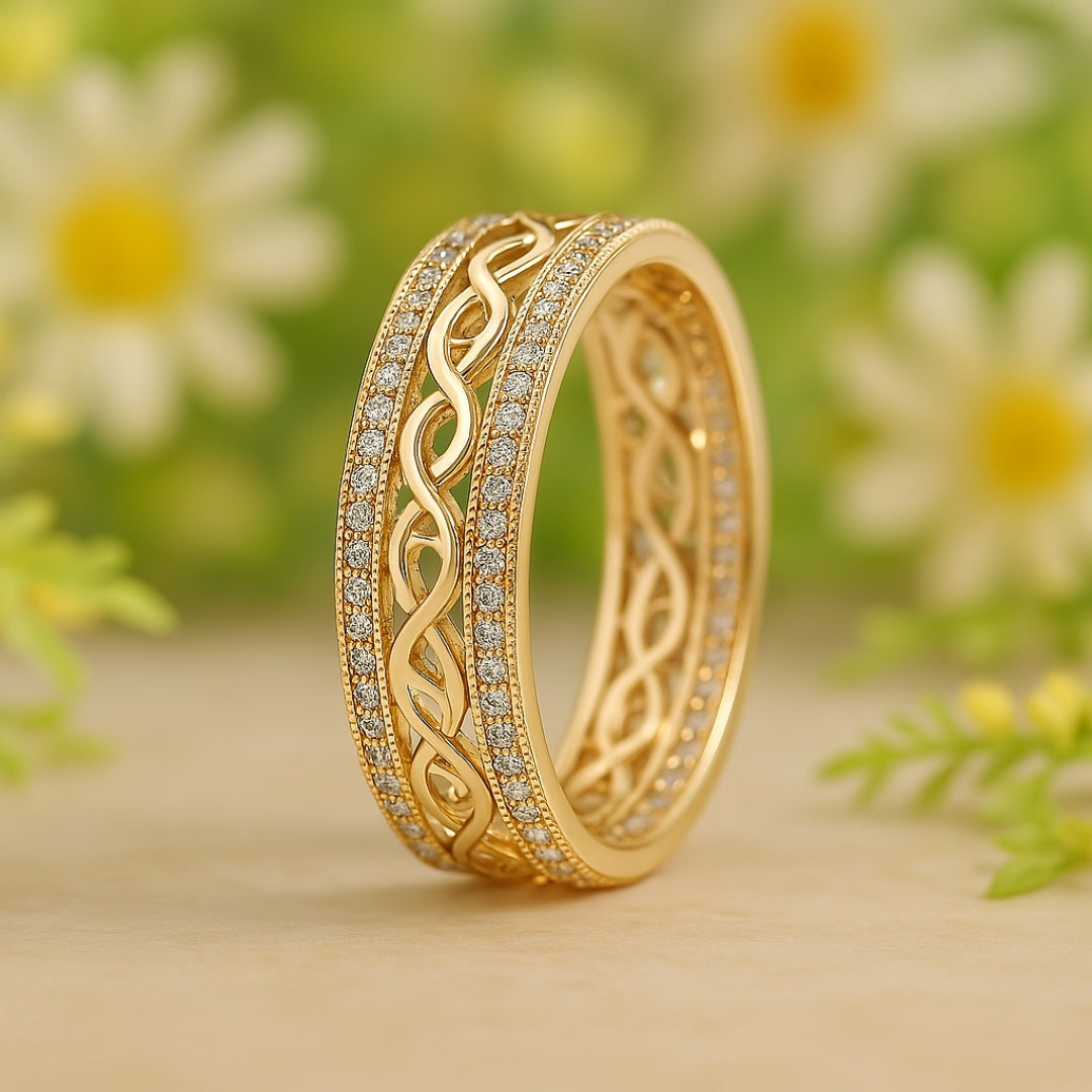 Elegant gold ring with intricate diamond-studded design, set against a soft floral background. Luxurious jewelry, perfect for weddings or special occasions.