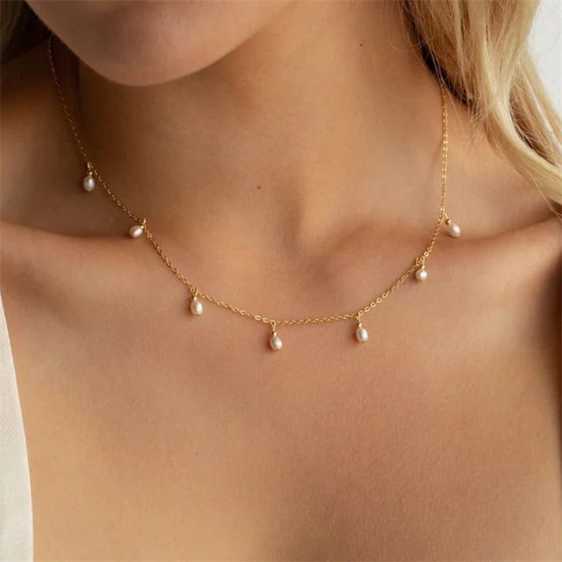 Gold Chain Necklace with Dangling Freshwater Pearls