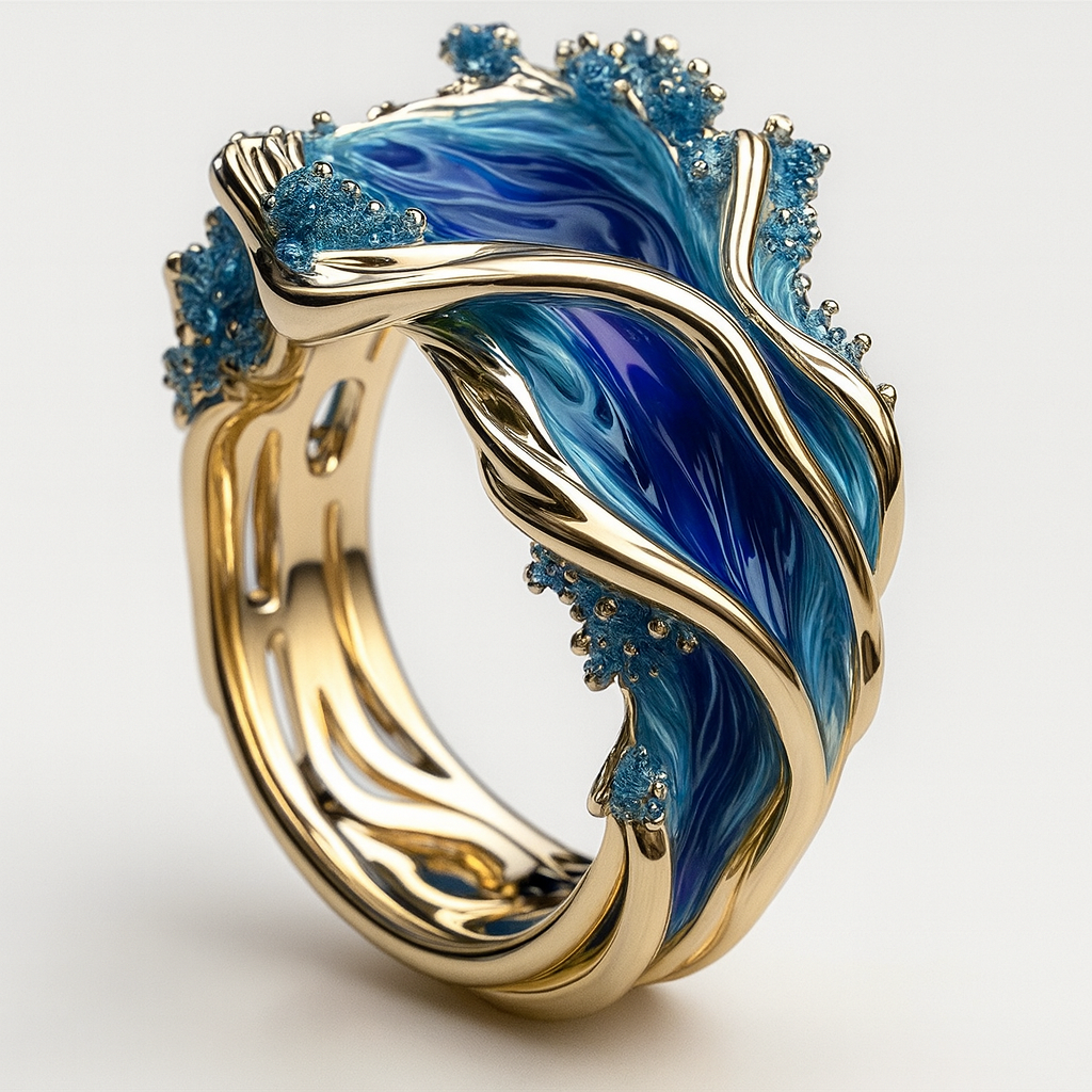 Gold ring with intricate blue enamel waves and sparkling blue gemstones, showcasing luxury jewelry design, elegance, and craftsmanship.