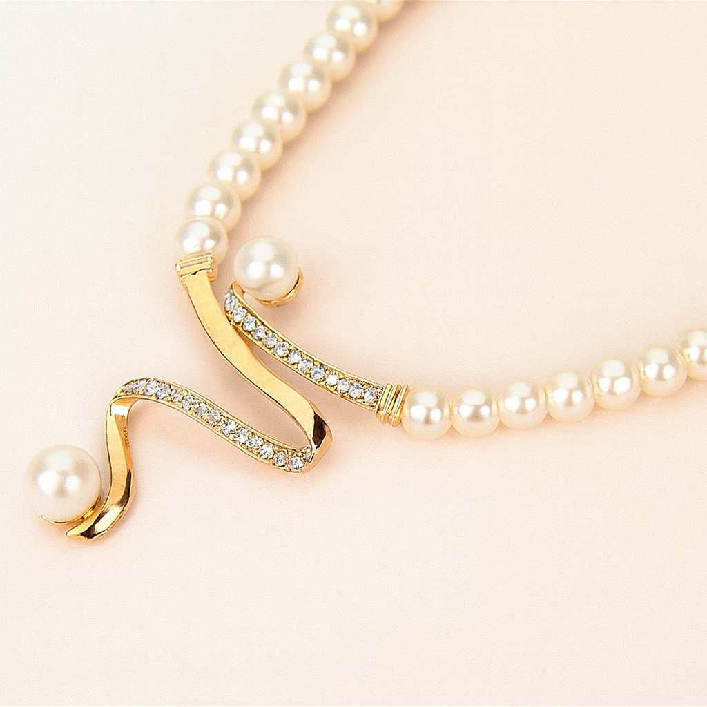 Pearl necklace with a gold and crystal clasp on a light pink background