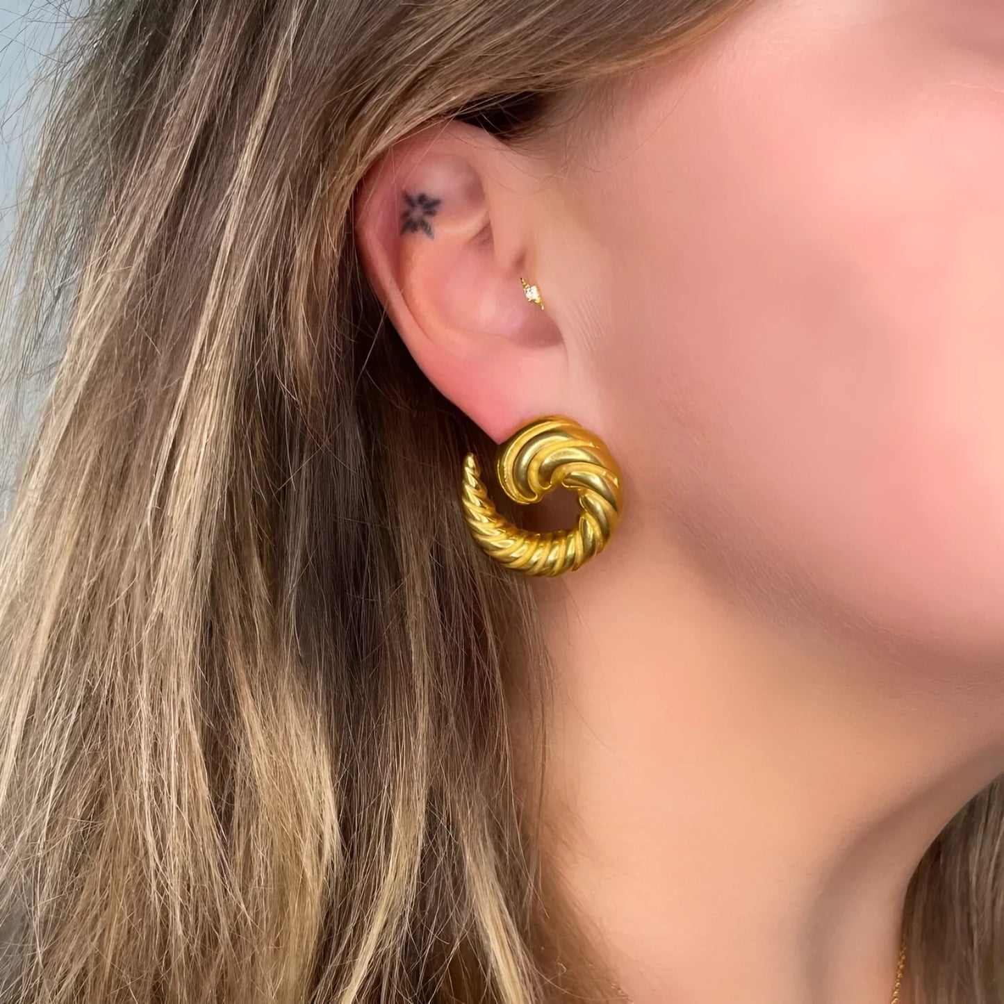 Gold Plated Twisted Hoop Earrings – Textured Croissant Design Earrings for Women