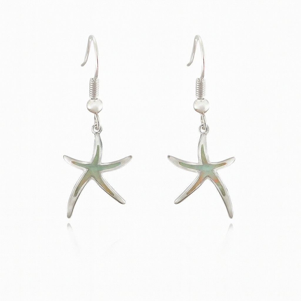 Silver starfish dangle earrings with hook closure, reflecting light. Perfect for beach-themed fashion, ocean-inspired jewelry, or summer accessories.