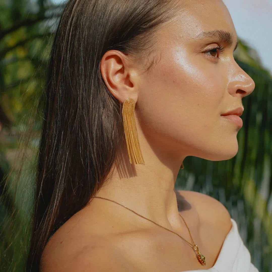 Gold Plated Tassel Drop Earrings – Long Chain Statement Design