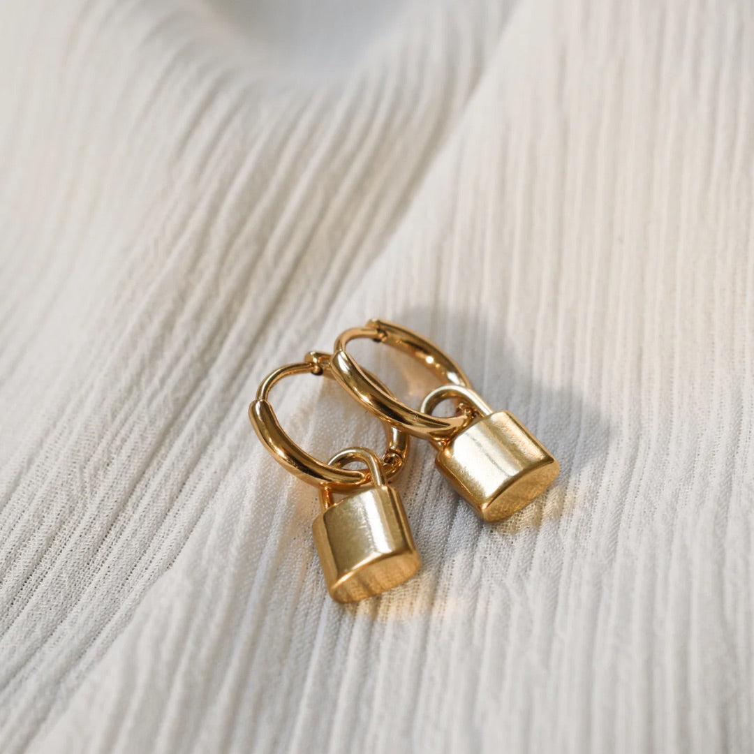 Gold Plated Padlock Hoop Earrings – Modern Lock Charm Earrings for Women