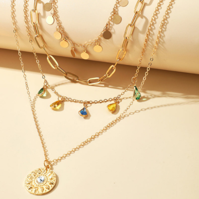 Multi-Layered Gold-Tone Necklace with Colorful Drop Charms