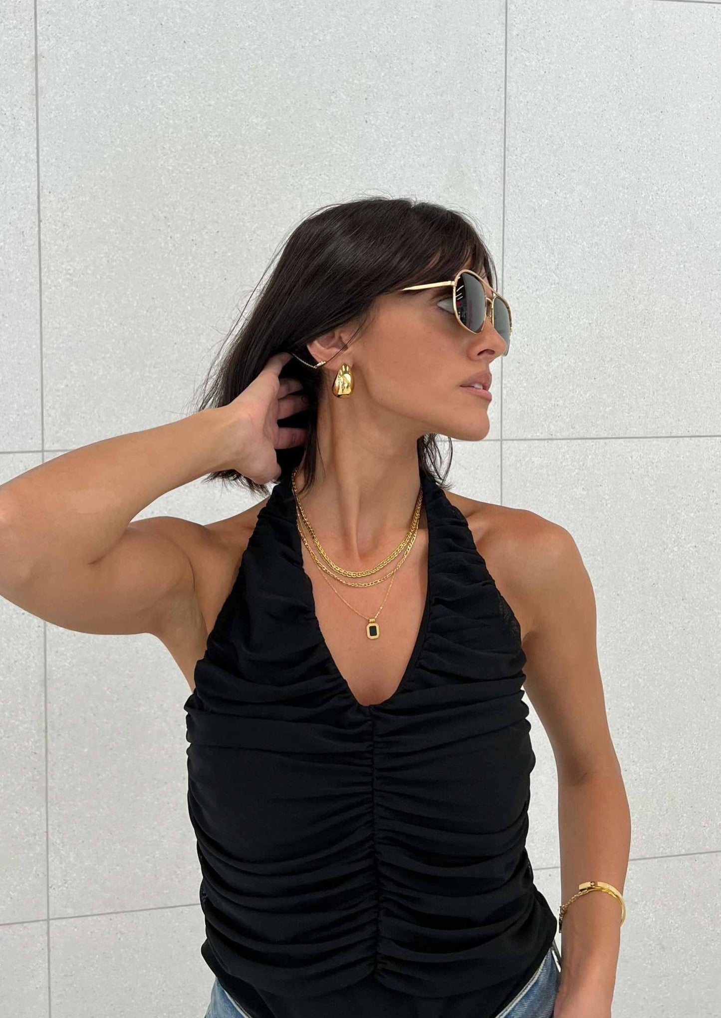 Layered Gold Necklace with Rectangular Black Pendant