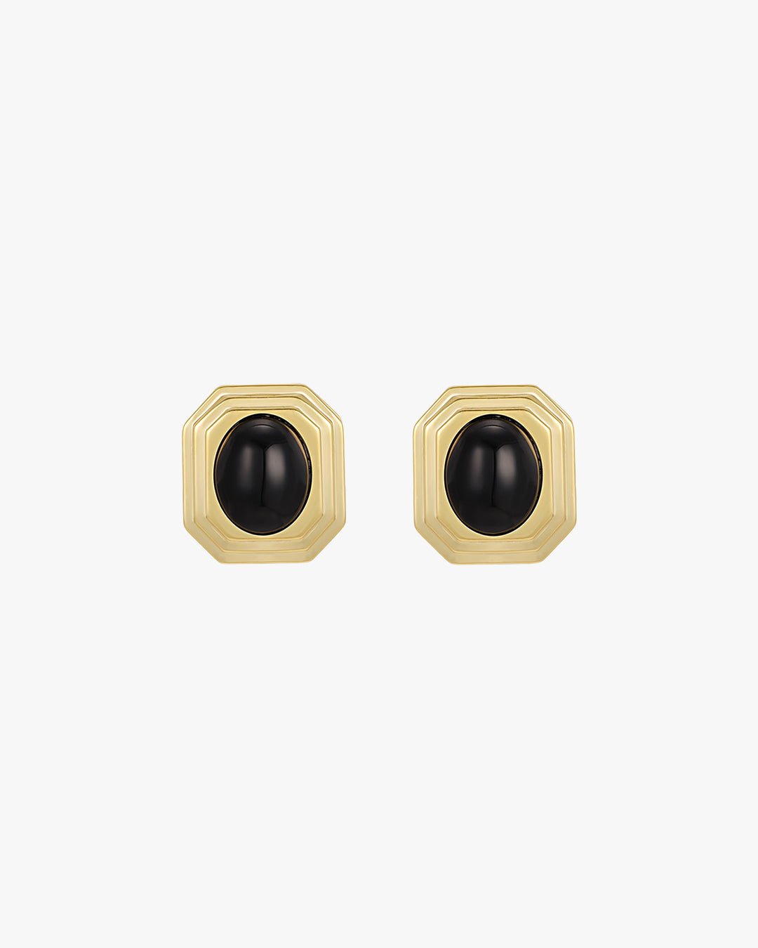 Gold Stud Earrings with Black Oval Center – Geometric Frame