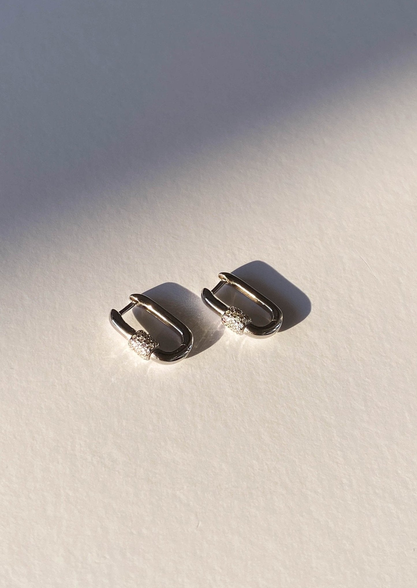 Silver Rectangular Huggie Earrings with Crystal Accent Bead – Minimalist Hoop Design
