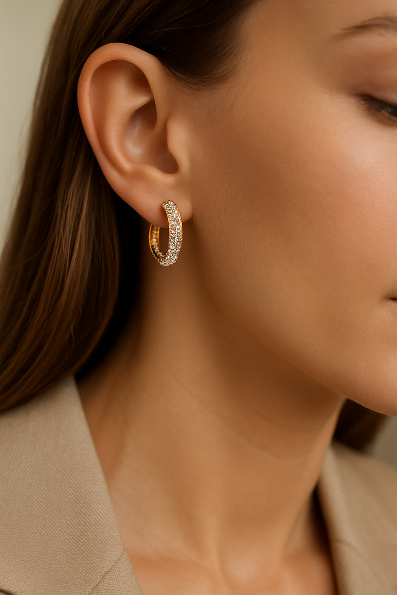 Gold-Plated Hoop Earrings with Cubic Zirconia – Double Row Design
