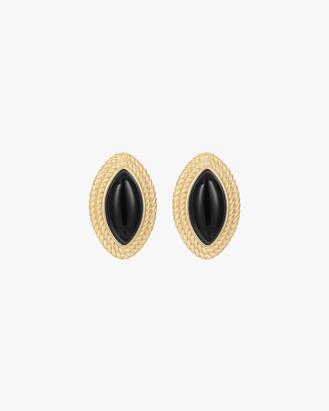 Gold Oval Stud Earrings with Black Accent – Textured Edge Design