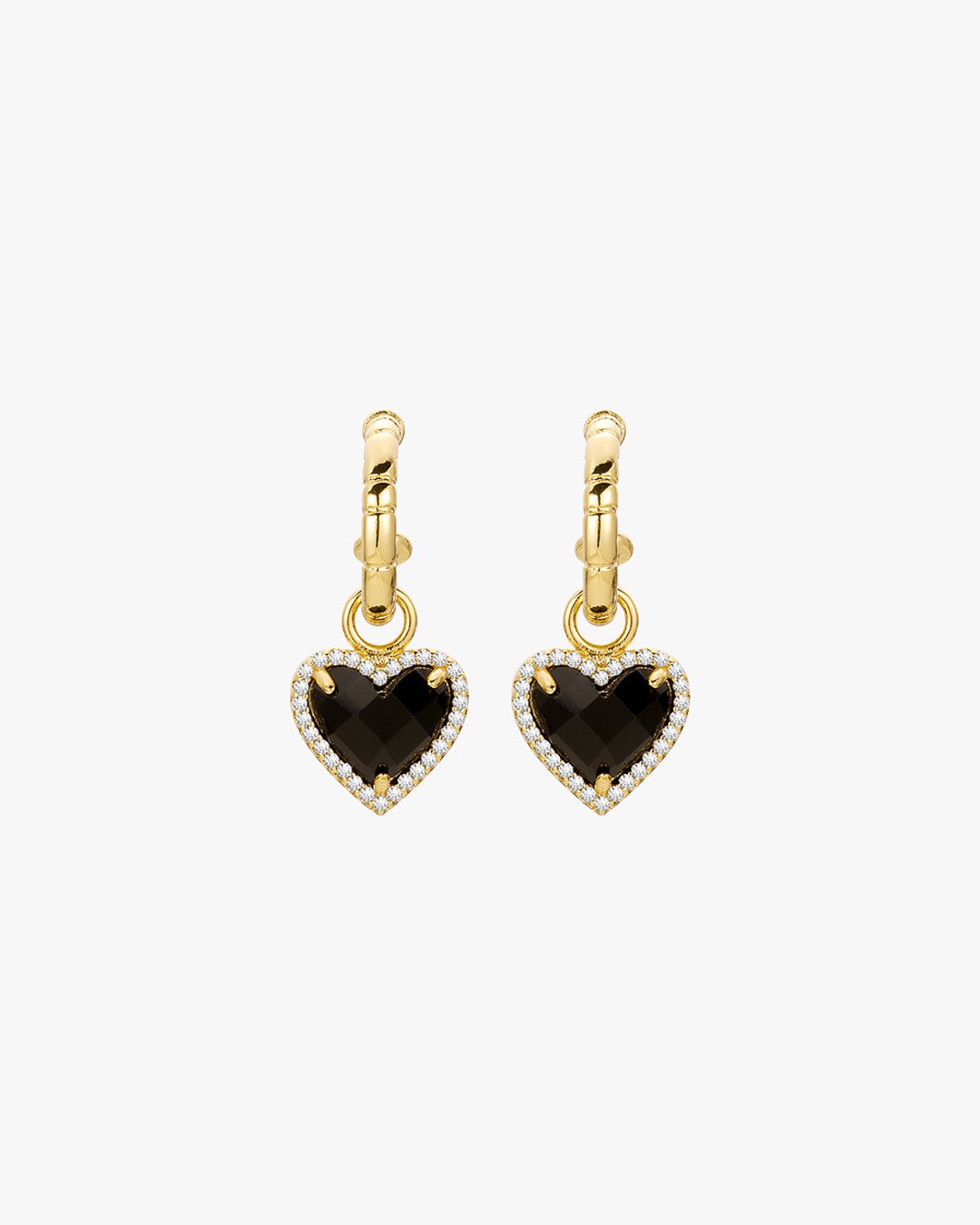 Gold Tone Heart Drop Earrings with Black Center Stone and Clear Accent Crystals – For Women