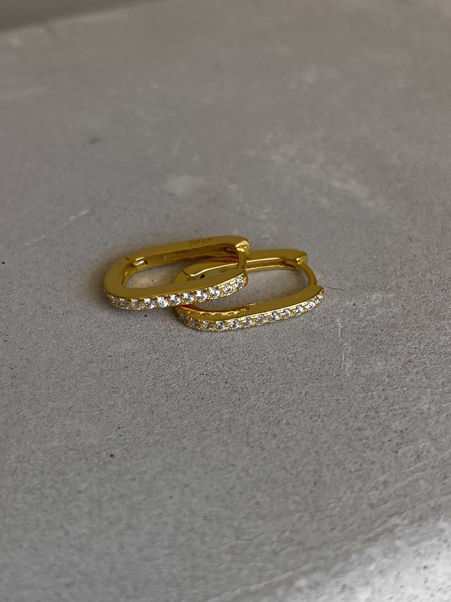 Gold Rectangular Hoop Earrings with Cubic Zirconia – Dainty Huggie Style