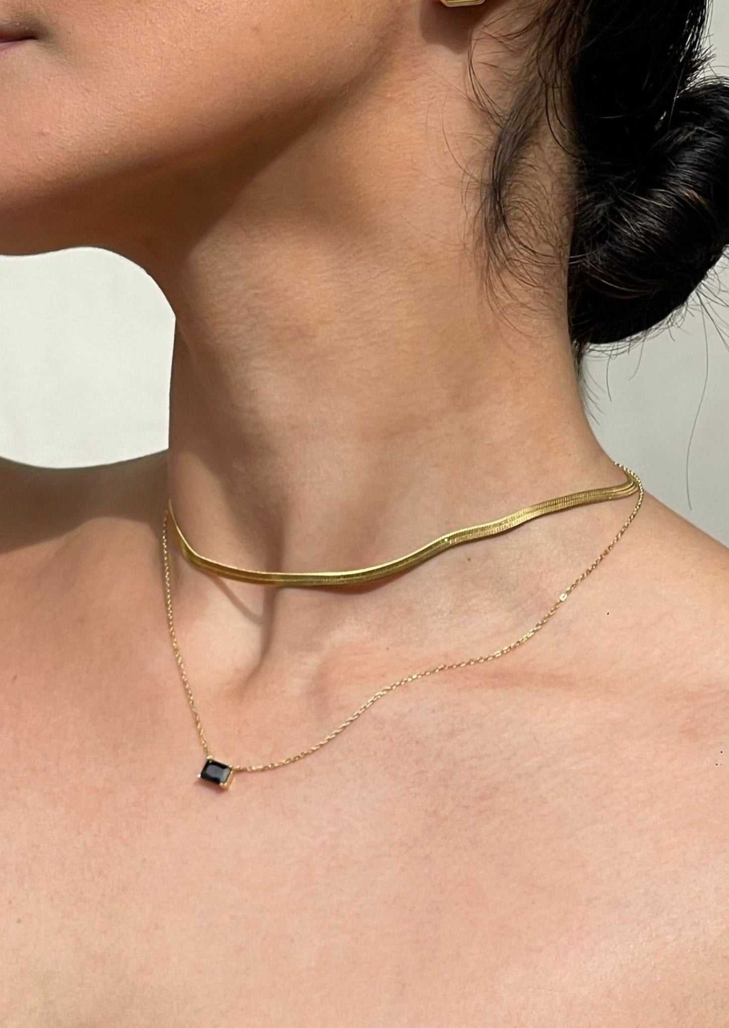 Gold Necklace with Rectangular Black Stone Pendant