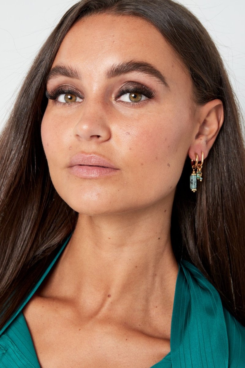 Rectangular Blue Marble Stone Gold Drop Earrings for Women