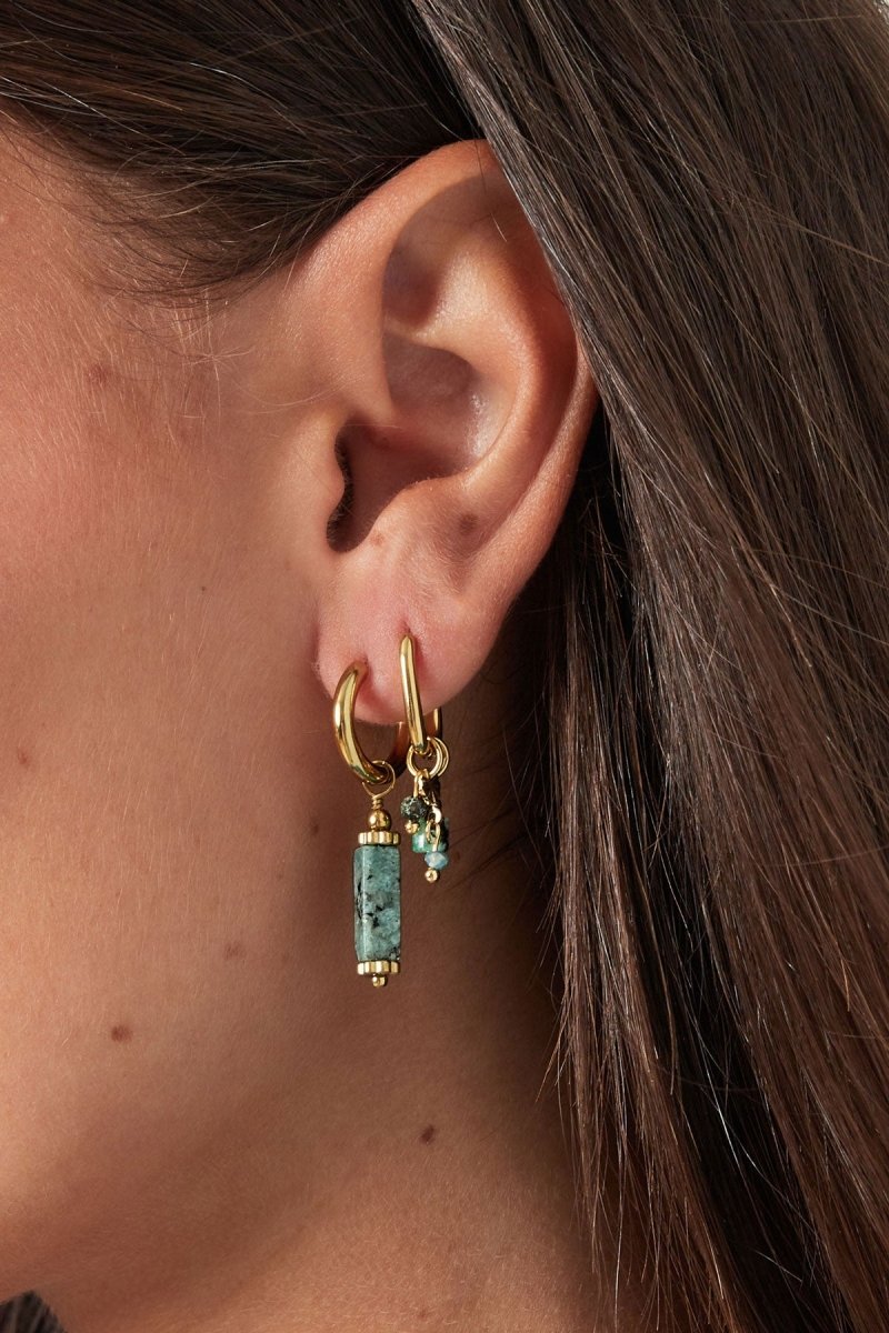 Rectangular Blue Marble Stone Gold Drop Earrings for Women