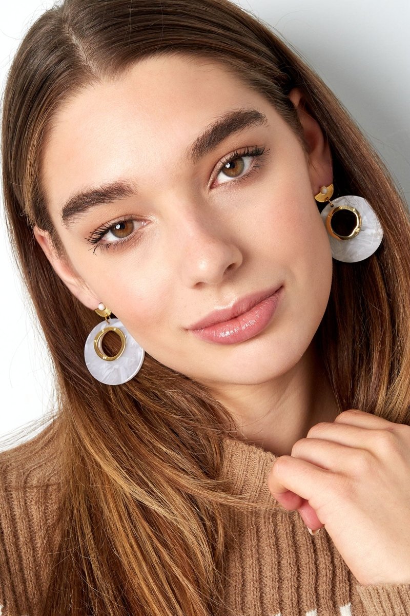 Around White Details Gold and White Plated Earrings for Women