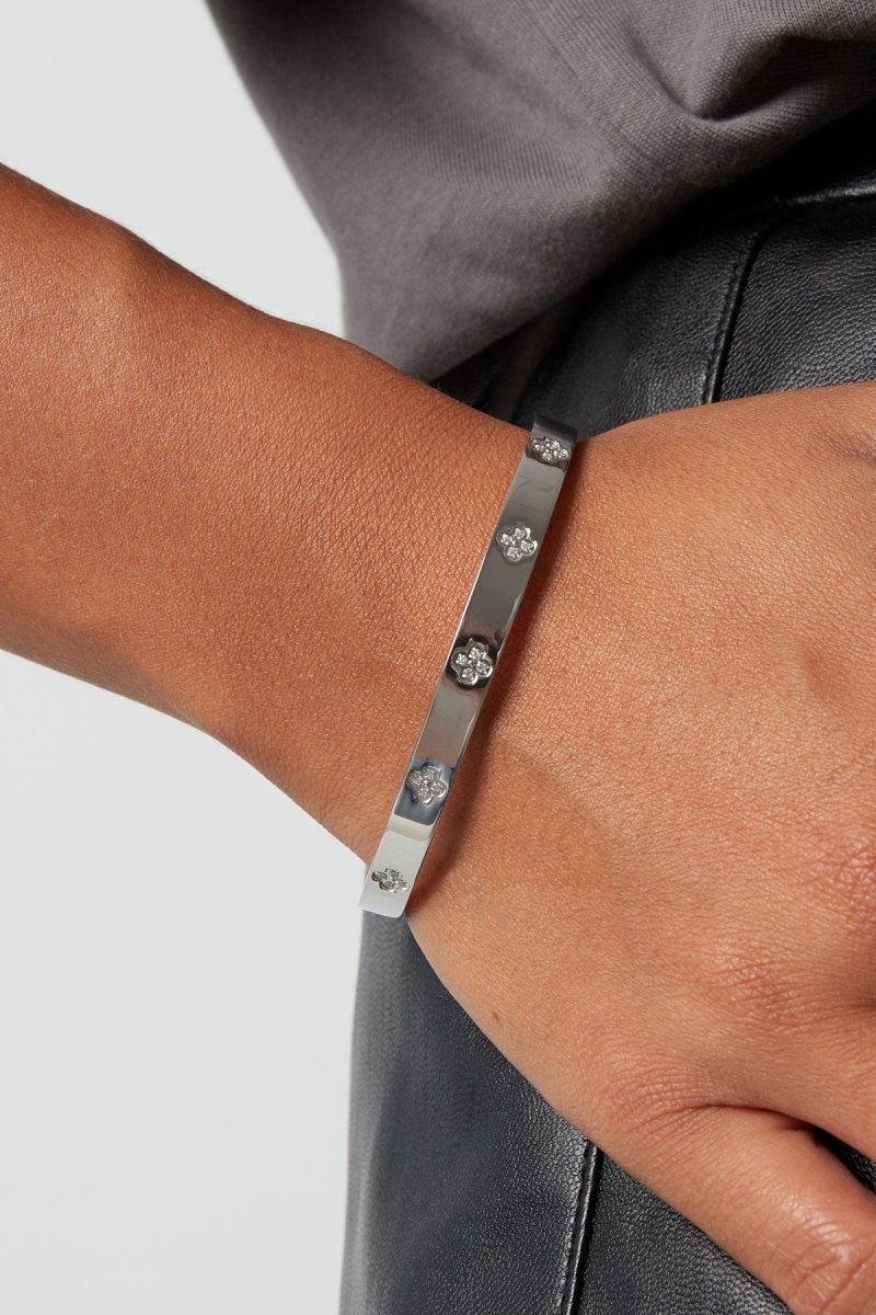 Clovers and Stones Bangle Bracelet Silver – Dainty Clover Charm Cuff Jewelry