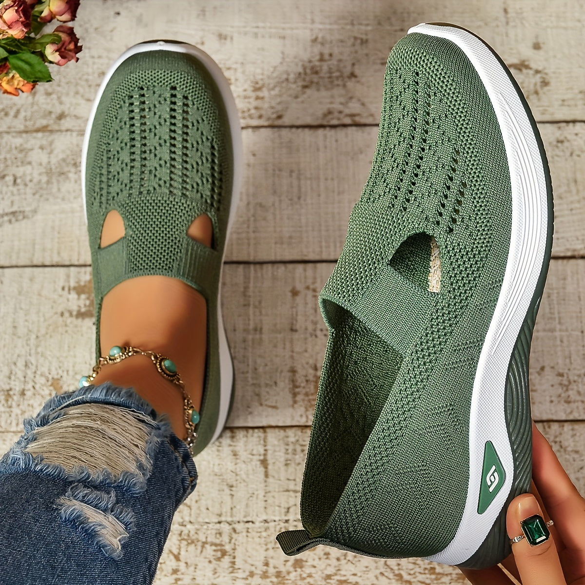 Women's Breathable Knit Sneakers - Casual Slip-On Walking Shoes with Soft PVC Sole
