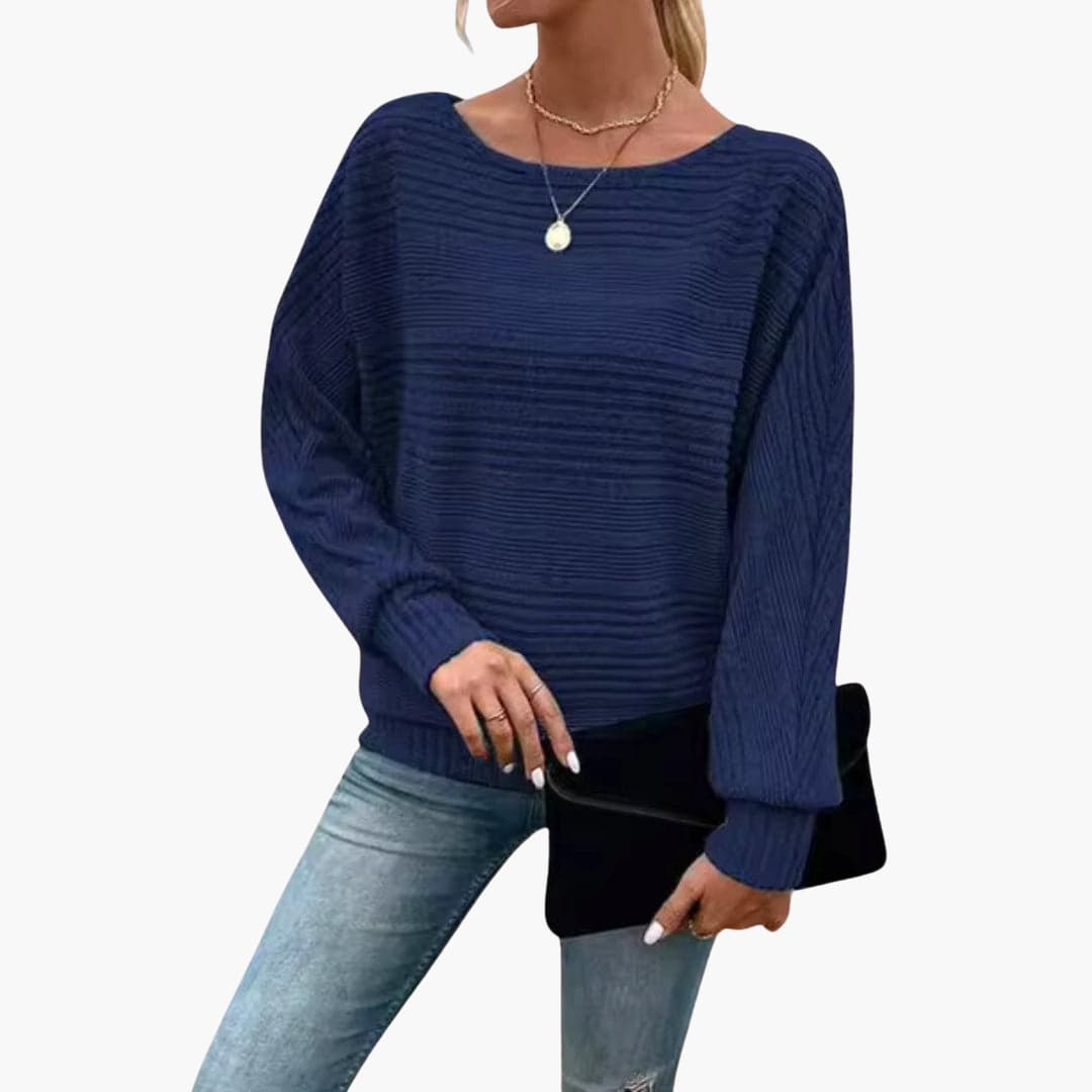 Women's Sweater with Boat Neck and Striped Surface