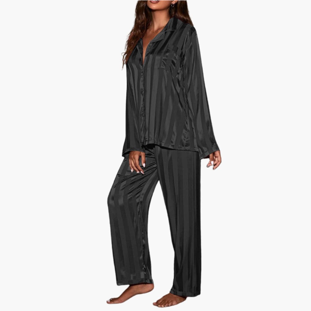 Satin Pajama Set – Button-Front Top – Striped Pattern