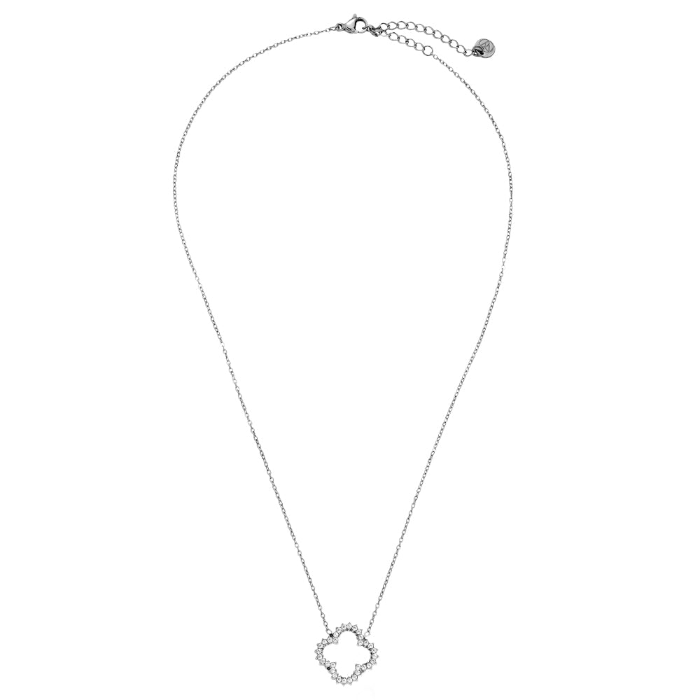 Hollow Diamond Lucky Flower Necklace Silver – Floral Gem Pendant for Women