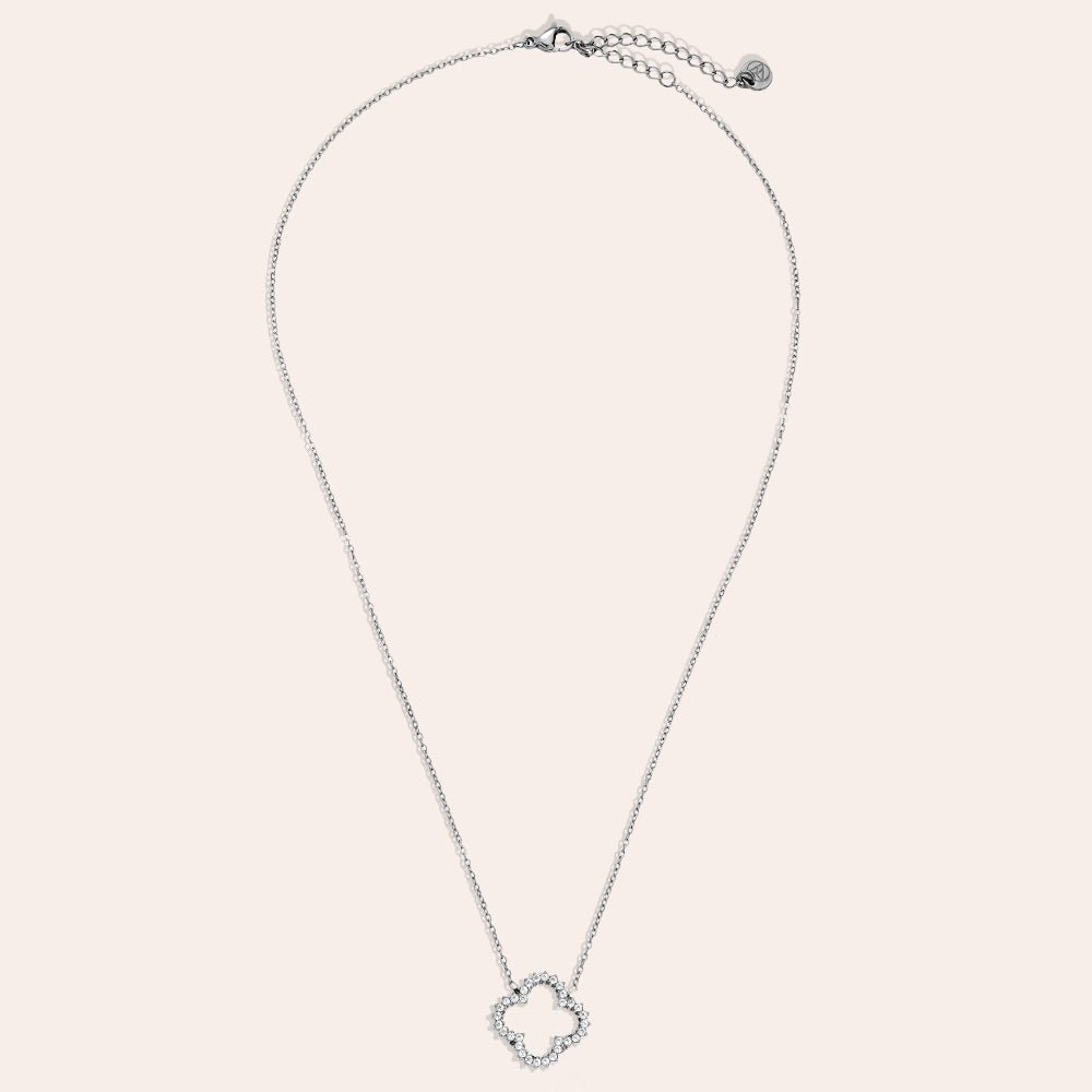 Hollow Diamond Lucky Flower Necklace Silver – Floral Gem Pendant for Women