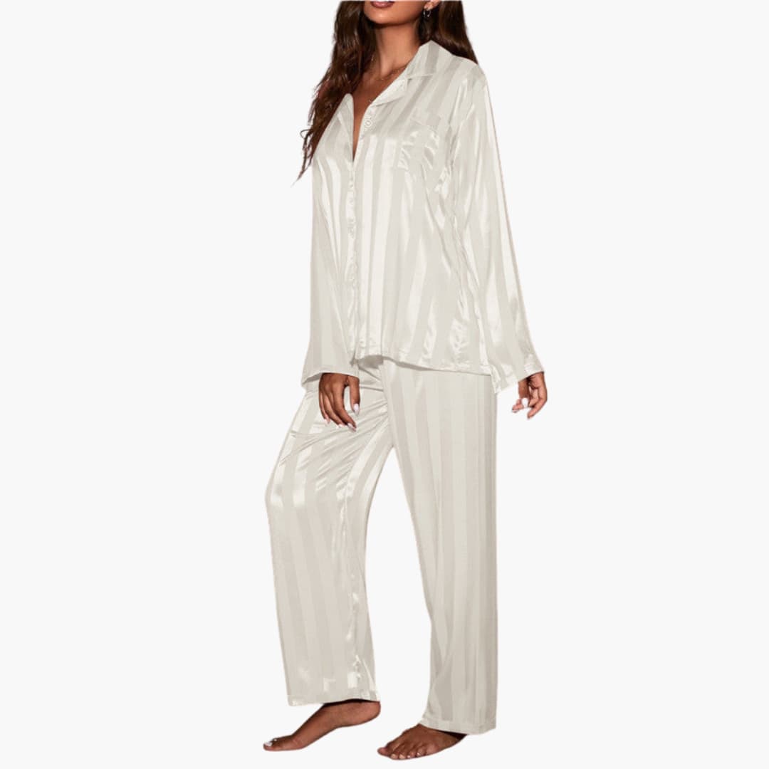 Satin Pajama Set – Button-Front Top – Striped Pattern