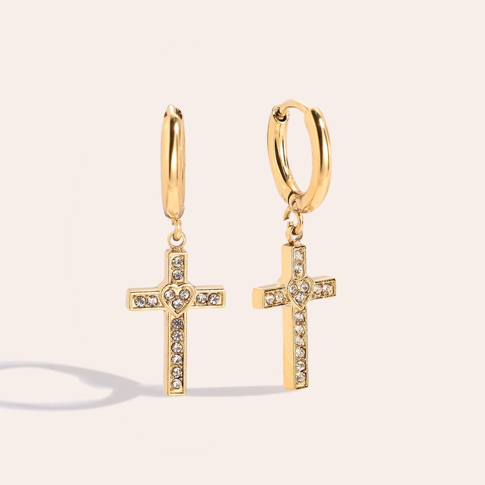 Diamond Cross Gold Drop Earrings for Women