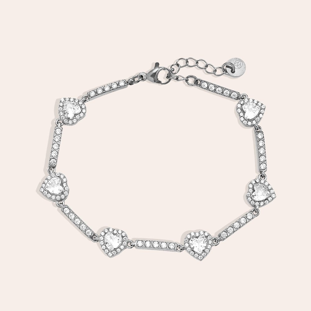 Diamond Hearts and Line Chain Bracelet Silver – Sparkling Heart Link Jewelry