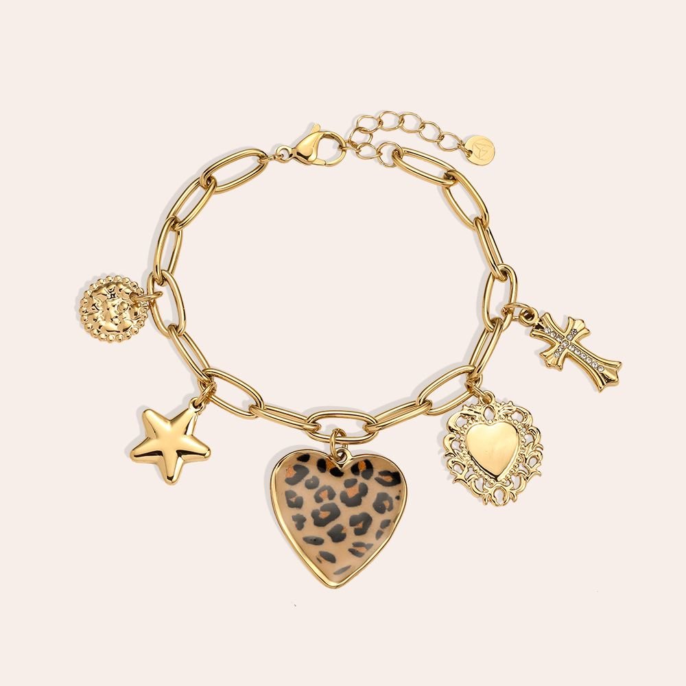 Leopard Heart with Star and Cross Bracelet Gold – Trendy Animal Print Charm Jewelry