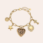 Leopard Heart with Star and Cross Bracelet Gold – Trendy Animal Print Charm Jewelry