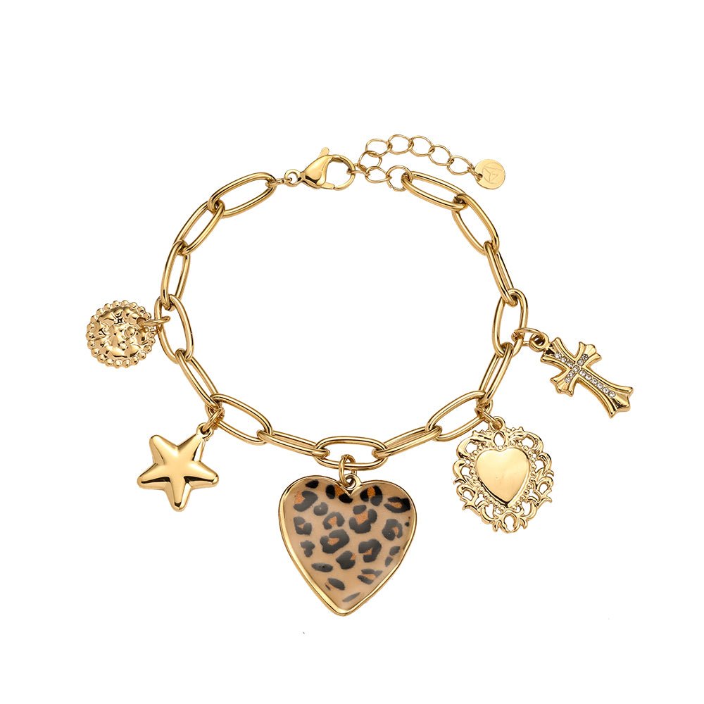 Leopard Heart with Star and Cross Bracelet Gold – Trendy Animal Print Charm Jewelry