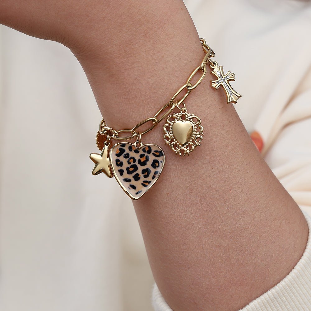 Leopard Heart with Star and Cross Bracelet Gold – Trendy Animal Print Charm Jewelry
