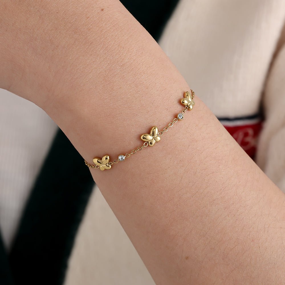 Butterfly & Diamond Dots Bracelet Silver – Dainty Butterfly and Crystal Charm Jewelry