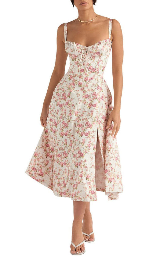 Floral Square Neck Bustier Sundress - Sleeveless Y2k Midi Dress with Slit and Corset Back