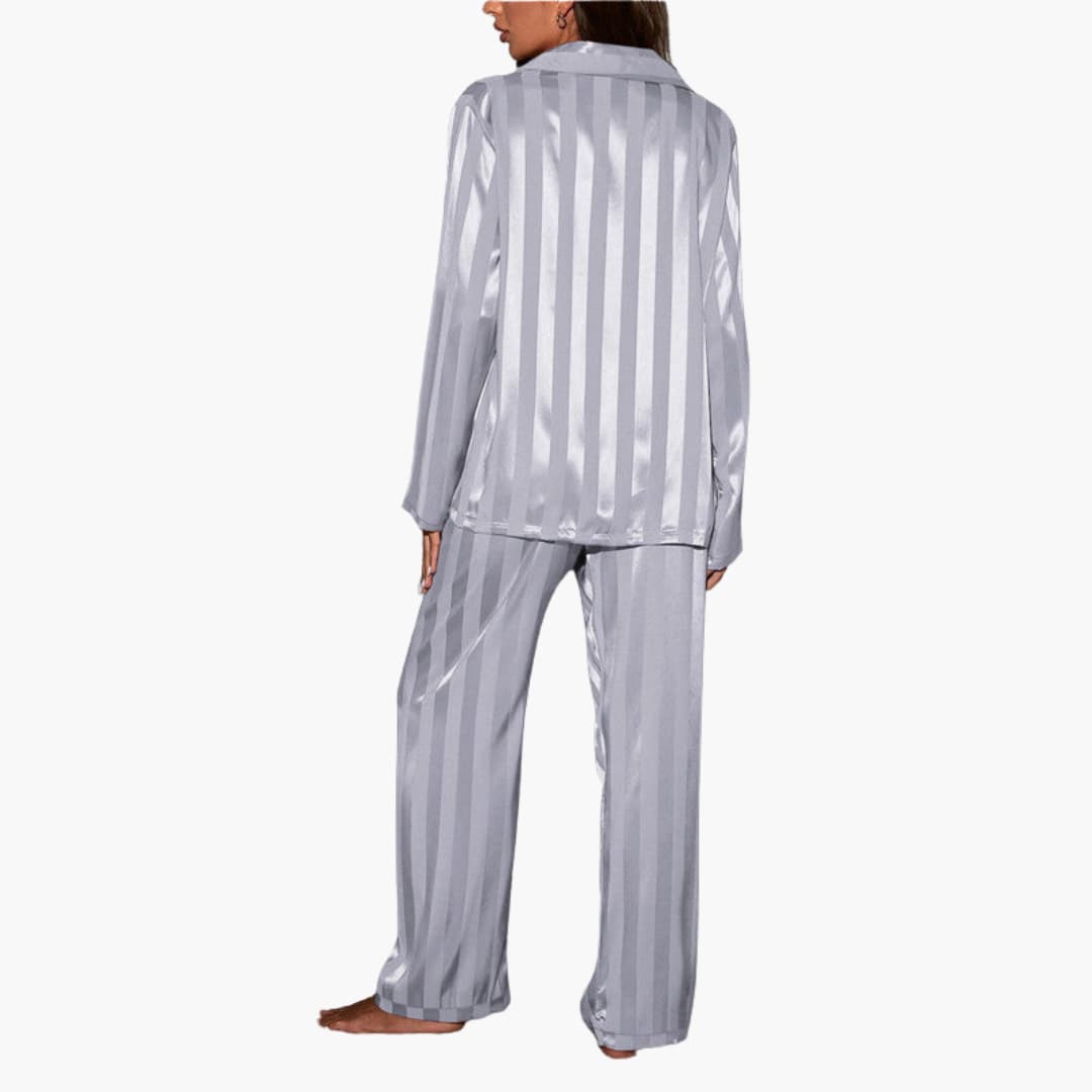Satin Pajama Set – Button-Front Top – Striped Pattern